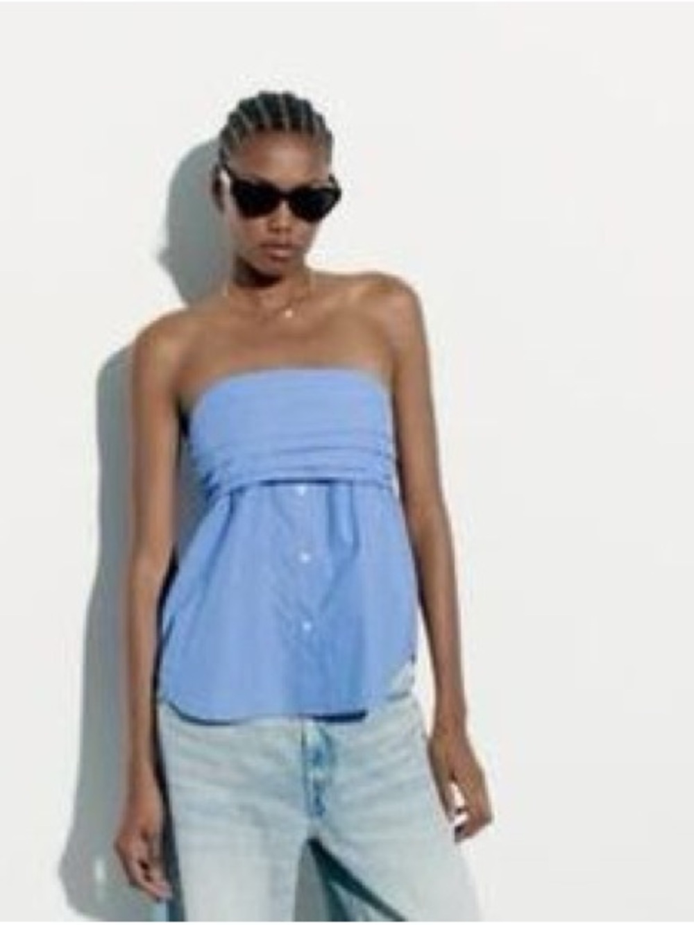 Zara Strapless Blue Oxford Cloth Top With Front Button Detail S
